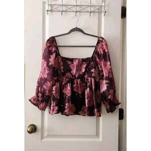 Thirty Thirty Womens Floral Baby Doll Blouse Puff Sleeve Crop Top Purple Pink XL